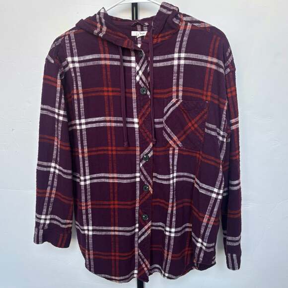 Maurices Tops - Maurices Purple Plaid Hooded Flannel Shirt Size Medium